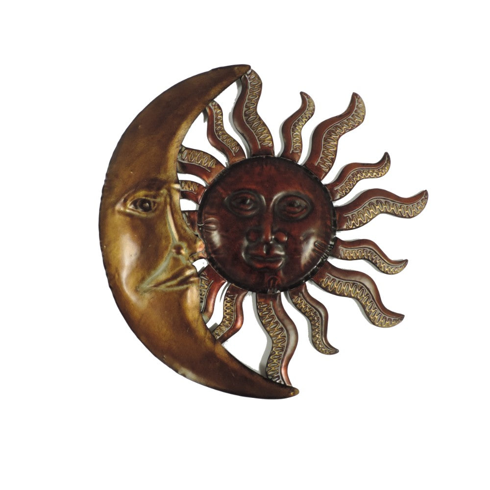 Celestial Sun and Moon Wall Decor In Metal, Gold and Rust Brown