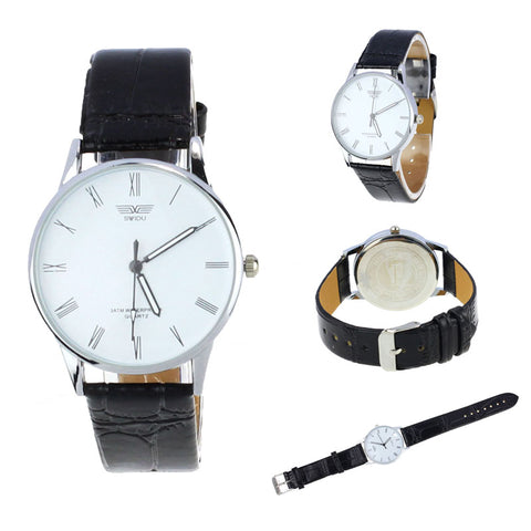 Classic Men's Roman Number Quartz Electronic Leather Wrist Watch White