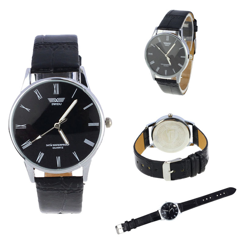 Classic Men's Roman Number Quartz Electronic Leather Wrist Watch Black