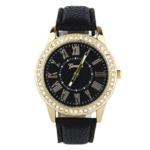 Fashion Women Geneva Rhinestone Leather Band Quartz Wrist Watch