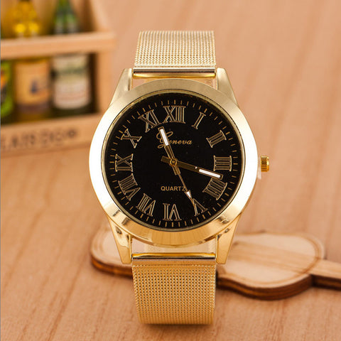 Geneva Men Roman Numerals Quartz Gold Stainless Steel Wrist Watch