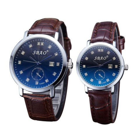 Couple Lovers Watch Auto Date Quartz Movement Leather Strap Wristwatches