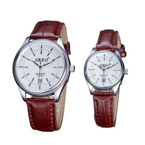 Luxury Couple's Date Watch Stainless Steel Genuine Leather Analog Quartz Watches