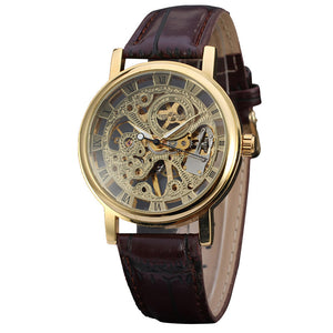 Classic Men's Brown Leather Dial Skeleton Mechanical Sport Army Wrist Watch