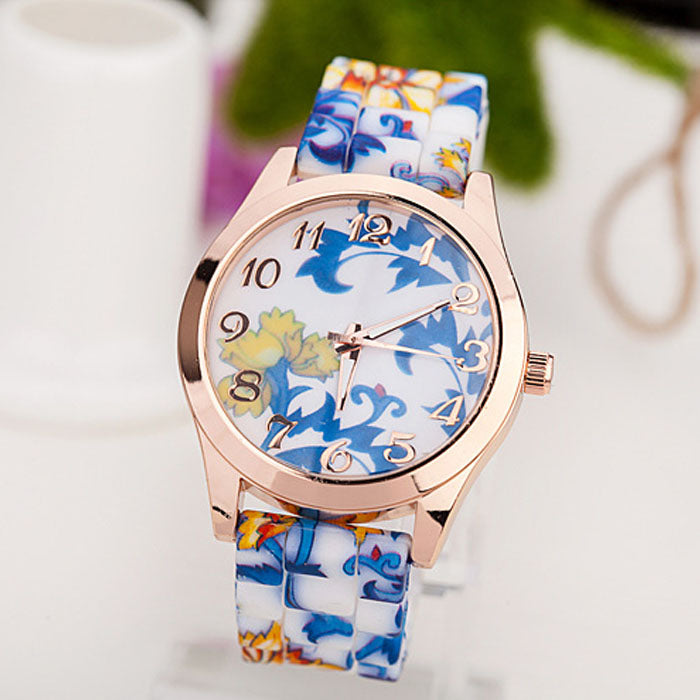 Women Girl Watch Silicone Printed Flower Causal Quartz WristWatches