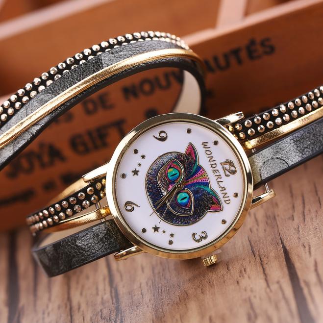 Women Owl Wrap Braided Leather Analog Quartz Bracelet Wrist Watch