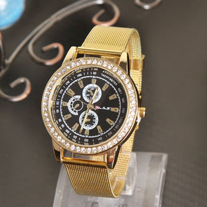 Fashion Women Golden Stainless Steel Watchband Analog Quartz Wrist Watch