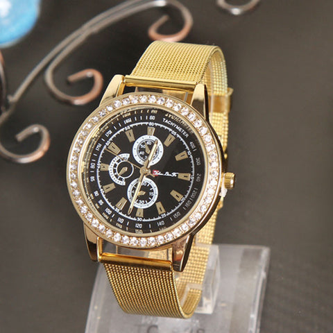 Fashion Women Golden Stainless Steel Watchband Analog Quartz Wrist Watch