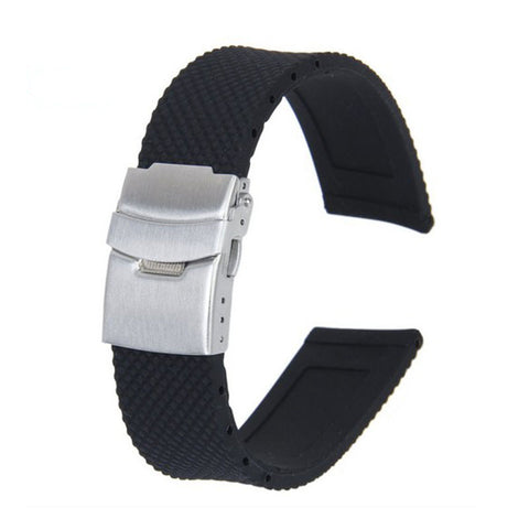 Black Silicone Rubber Waterproof Watch Strap Band Deployment Buckle