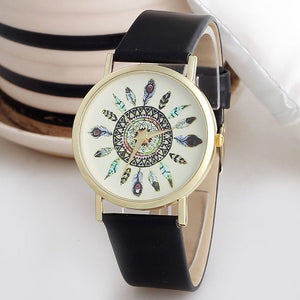 Womens Vintage Feather Dial Leather Band Quartz Analog Unique Wrist Watches