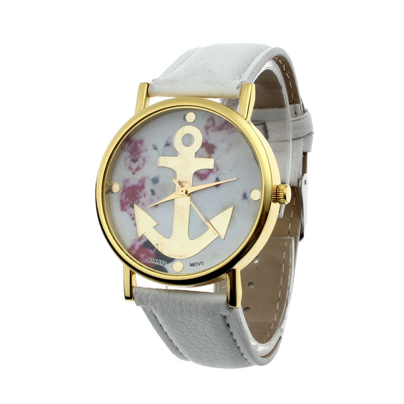 Women's Fashion Leather Floral Printed Anchor Quartz Dress Wrist Watch