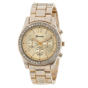 Faux Chronograph Quartz Classic Round Ladies Women Crystals Watch