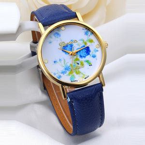 Lady Fashion Blue Rose Dial Leather Band Quartz Analog Wrist Watches Watch