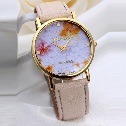 Women""s Fashion Flower Dial Leather Band Quartz Analog Wrist Watches Watch