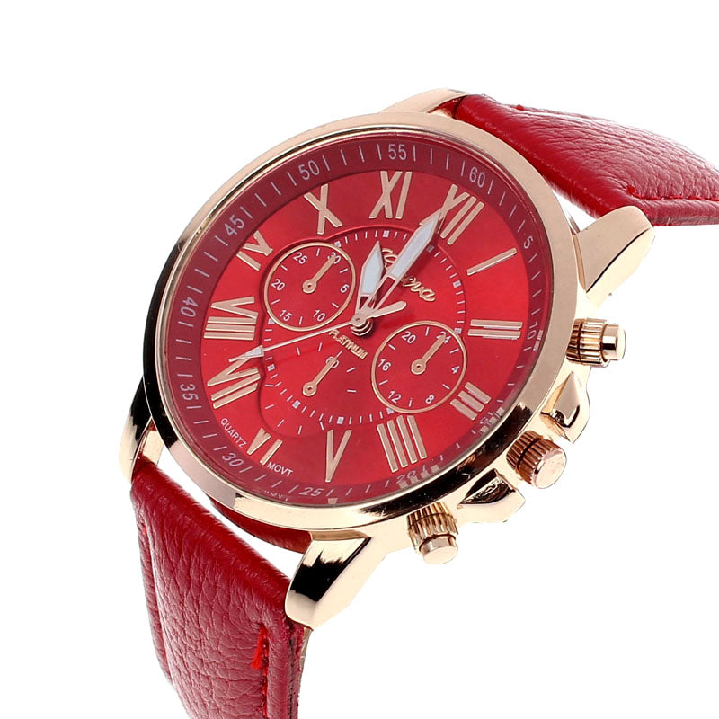 New Women's Fashion Geneva Roman Numerals Faux Leather Analog Quartz Wrist Watch - Red