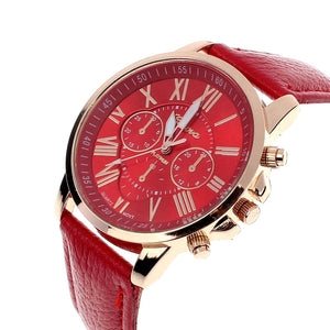 New Women's Fashion Geneva Roman Numerals Faux Leather Analog Quartz Wrist Watch - Red