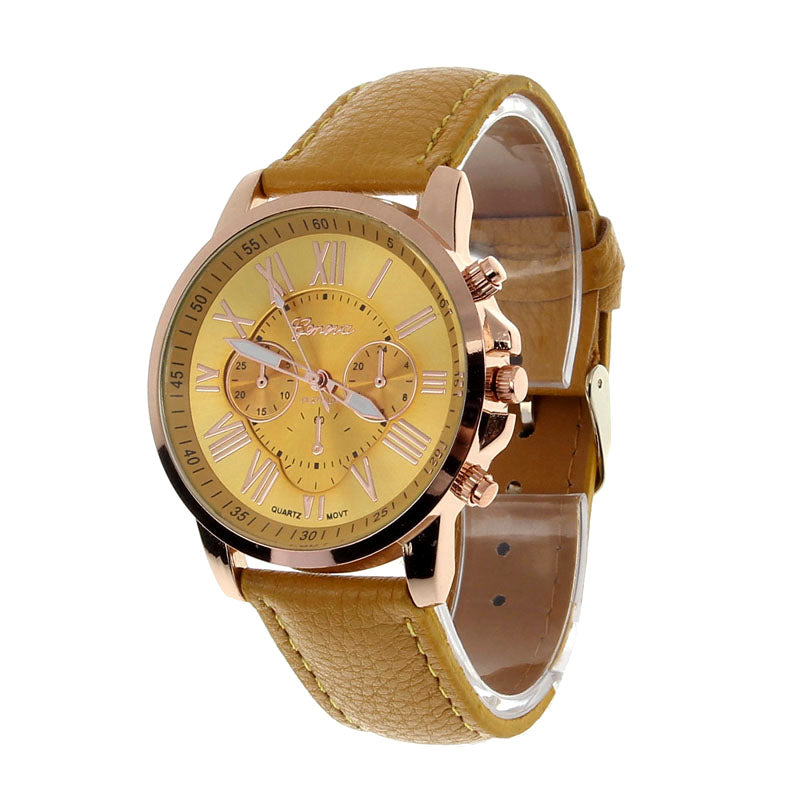 New Women's Fashion Geneva Roman Numerals Faux Leather Analog Quartz Wrist Watch - Beige