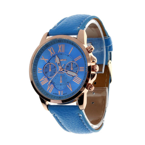 New Women's Fashion Geneva Roman Numerals Faux Leather Analog Quartz Wrist Watch - Blue