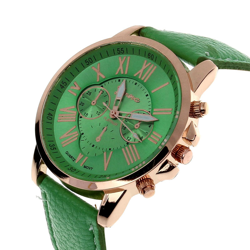 New Women's Fashion Geneva Roman Numerals Faux Leather Analog Quartz Wrist Watch -Green