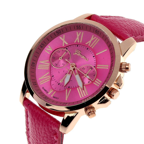 New Women's Fashion Geneva Roman Numerals Faux Leather Analog Quartz Wrist Watch - Pink