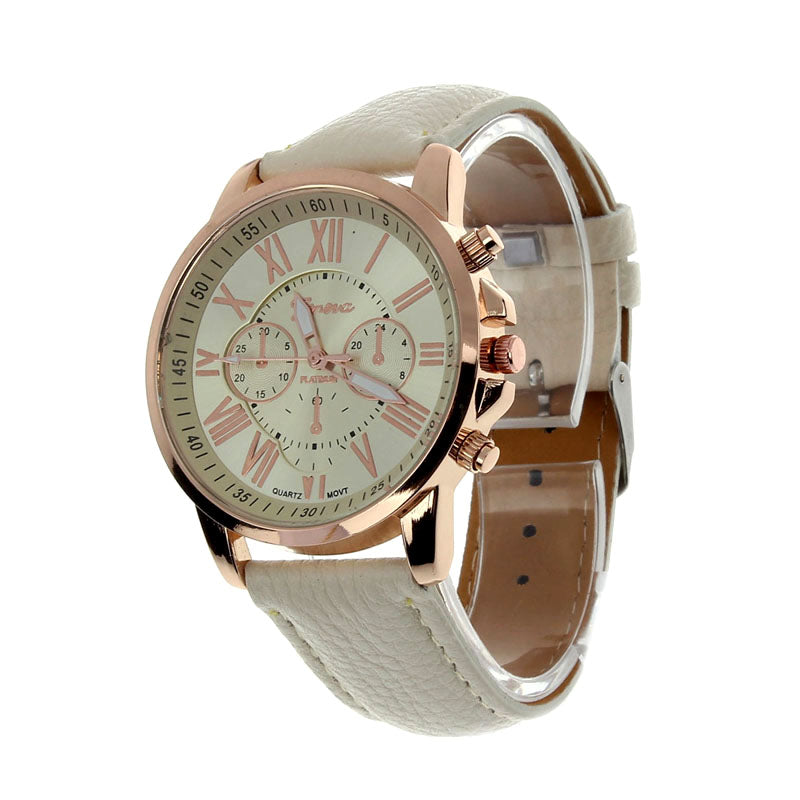 New Women's Fashion Geneva Roman Numerals Faux Leather Analog Quartz Wrist Watch - White