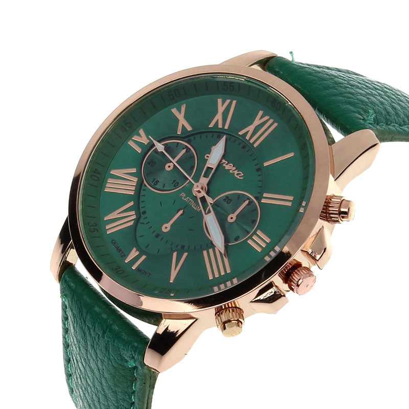 New Women's Fashion Geneva Roman Numerals Faux Leather Analog Quartz Wrist Watch - Jade