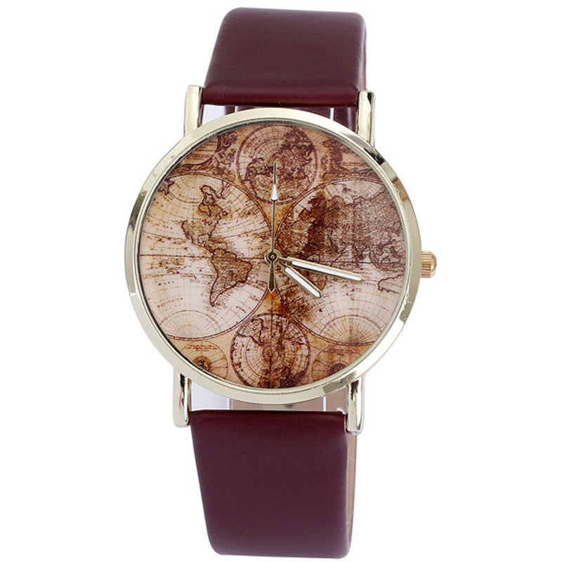 Fashion Women's World Map Leather Band Analog Quartz Wrist Watch Watches