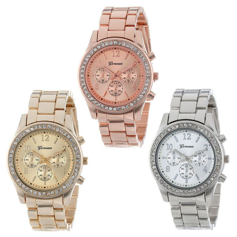 3 PACK Geneva Silver Gold and Rose Gold Plated Classic Round Ladies Watch