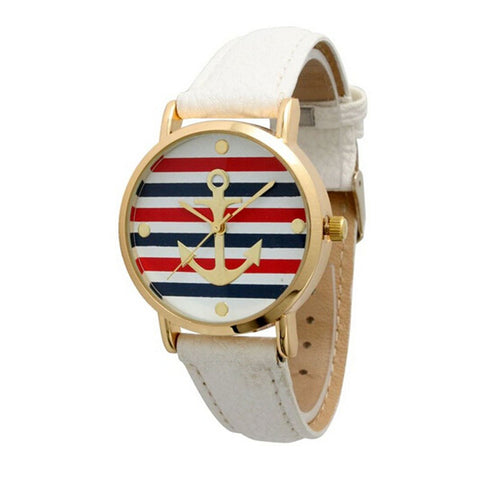 Fashion Women's Multi Color Striped Anchor Leather Watch White