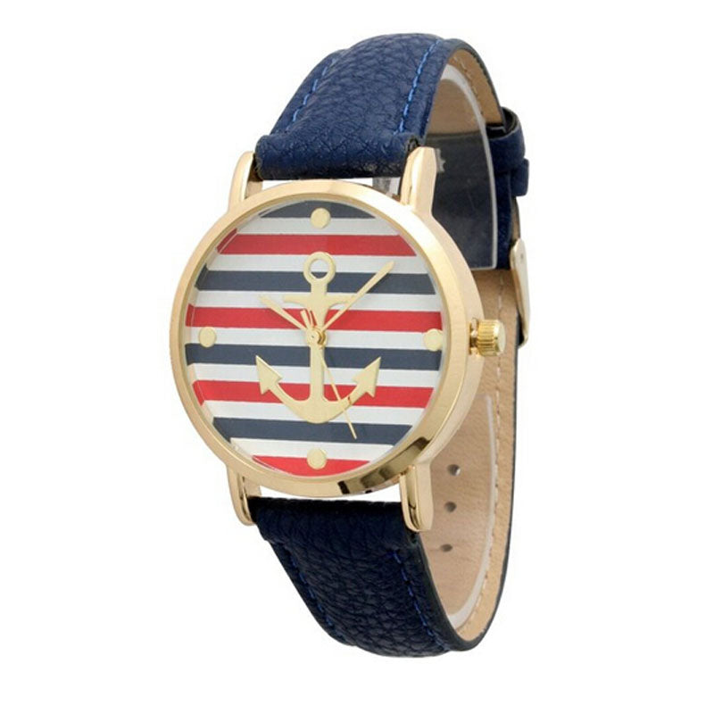 Fashion Women""s Multi Color Striped Anchor Leather Watch Navy Blue