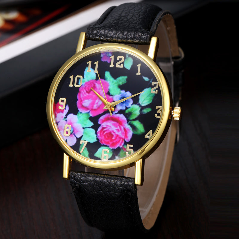 Vogue Women's Leather Rose Floral Printed Analog Quartz Wrist Watch