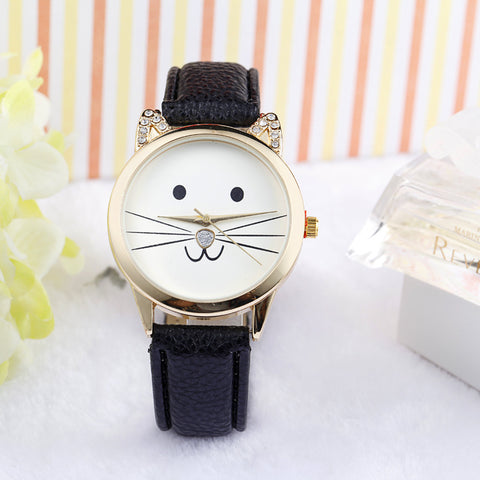 Fashion Neutral Diamond Lovely Cats Face Faux Leather Quartz Watch