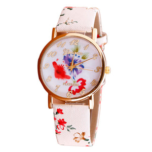 Flower Patterns Leather Band Analog Quartz Vogue Wrist Watches