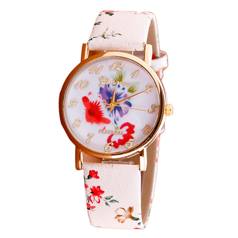 Flower Patterns Leather Band Analog Quartz Vogue Wrist Watches