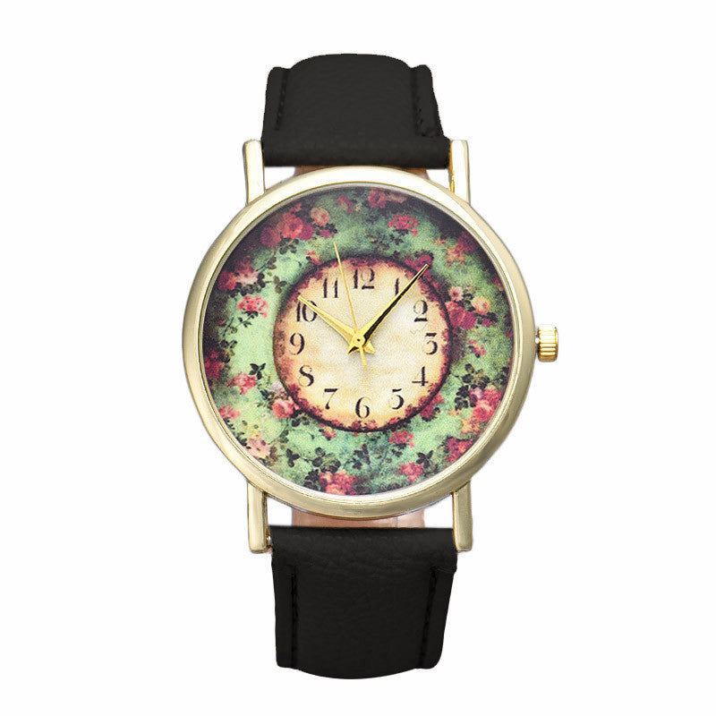 Pastorale Floral Women Leather Band Analog Quartz Dial Wrist Watch