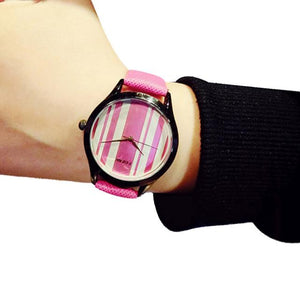 Creative Personality Simple Wild Striped Waterproof Leather Belt Couple Watch Pink