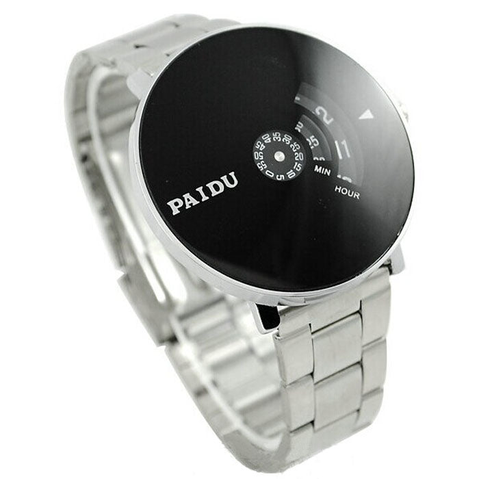 Stainless Silver Band PAIDU Quartz Wrist Watch Black Turntable Dial Men's Gift