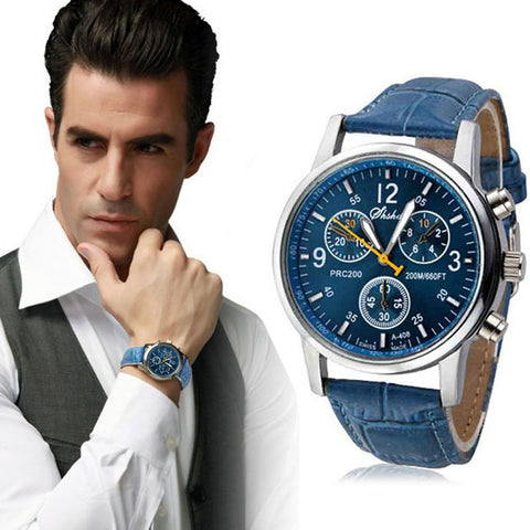 New Luxury Fashion Crocodile Faux Leather Mens Analog Watch Watches Blue