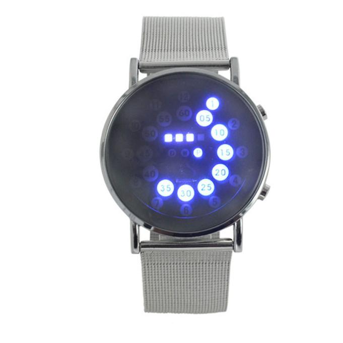 LED Round Mirror Blue Circles Stainless Steel Watch