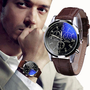 Luxury Fashion Faux Leather Mens Blue Ray Glass Quartz Analog Watches