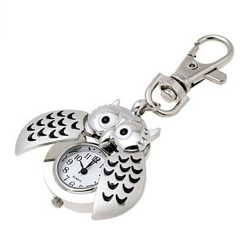 Mini Metal Key Ring owl double open Quartz Watch Clock- Silver