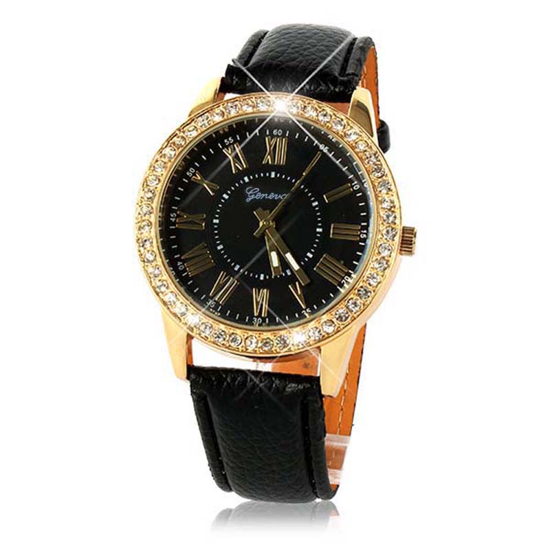 Bling Gold Crystal Women Luxury Leather Strap Quartz Wrist Watch