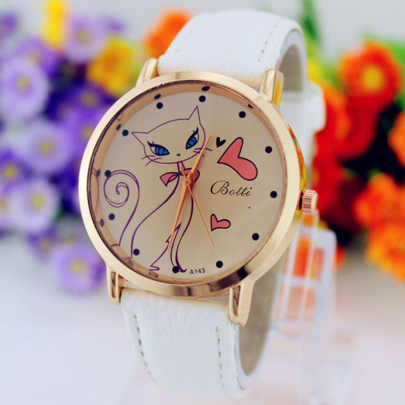 Fashion Women Faux Leather Strap Band Analog Quartz Wrist Watch Cat