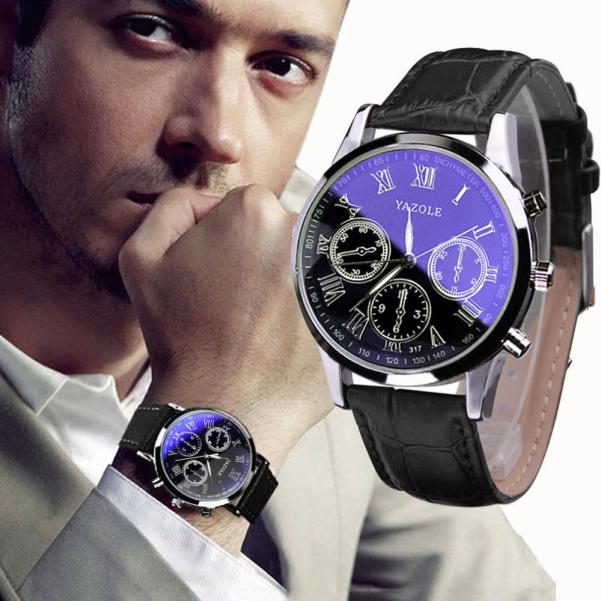 Luxury Fashion Leather Mens Blue Ray Glass Quartz Analog Watches Wrist Watch