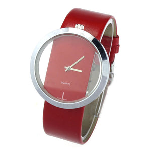 1PC New PU Leather Transparent Dial Hollow Analog Quartz Wrist Watch