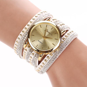 Women Crystal Rivet Bracelet Quartz Braided Winding Wrap Wrist Watch