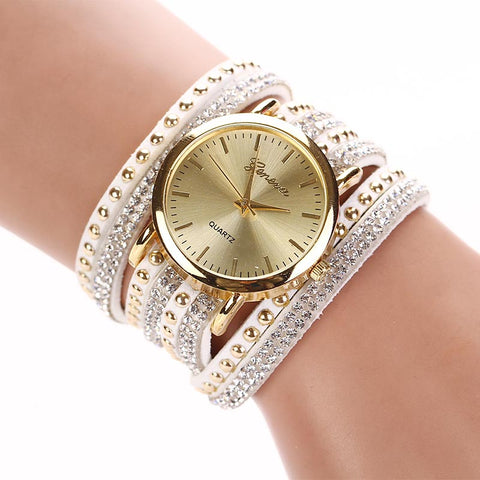 Women Crystal Rivet Bracelet Quartz Braided Winding Wrap Wrist Watch