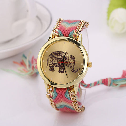 Women Elephant Pattern Weaved Rope Band Bracelet Quartz Dial Wrist Watch