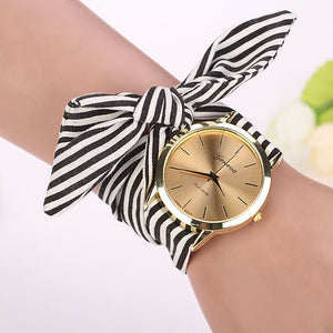 Fashion Women Stripe Floral Cloth Quartz Dial Bracelet Wristwatch Watch