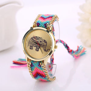 Women Elephant Pattern Weaved Rope Band Bracelet Quartz Dialwatch Gift